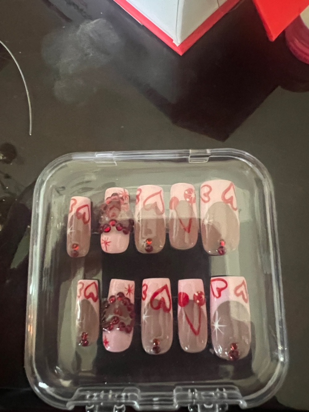 Nude & Pink Press-On Nails with Red Heart Accents